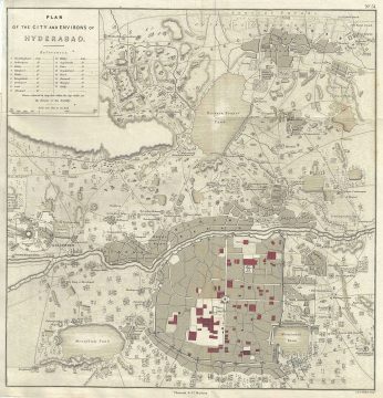 1854 Pharoah Map or Plan of the City of Hyderabad, Telangana, India
