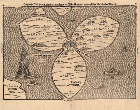 1581 Bunting Map of the World as a Clover Leaf