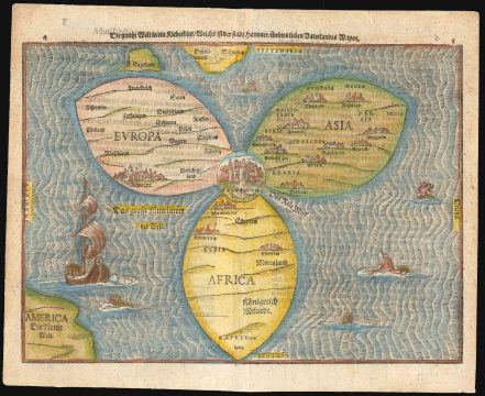 1585 Bunting Map of the World as a Clover Leaf