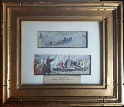 1893 Stevengraph Woven Silk Views of a Sea Rescue and Columbus Leaving Spain