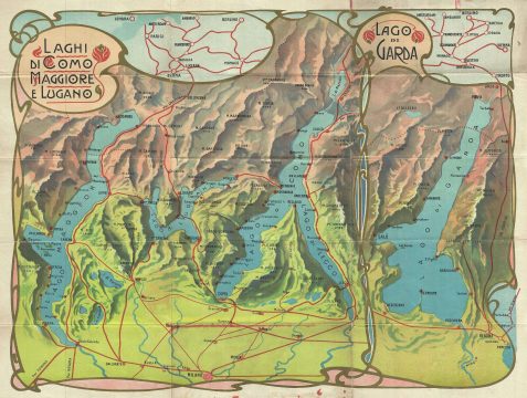 1950 Art Nouveau Tourist Map of Lake Como, Lake Maggiore, Lombardy