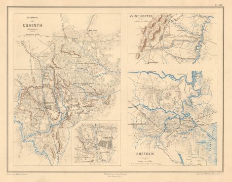 1890 Vorzet Map of Corinth, Mississippi, Winchester and Suffolk, Virginia
