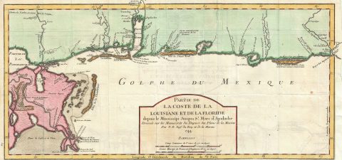 1744 Bellin Map of the Gulf Coast:  Mississippi Delta, New Orleans, Mobile Bay, St. Marks River