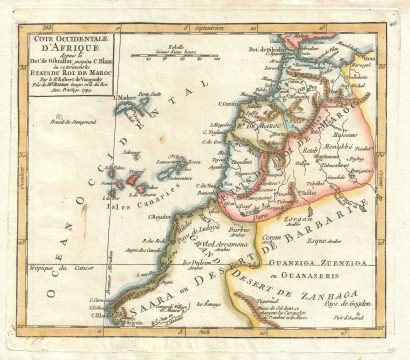 1749 Vaugondy Map of Morocco, Western Sahara, and Mauritania