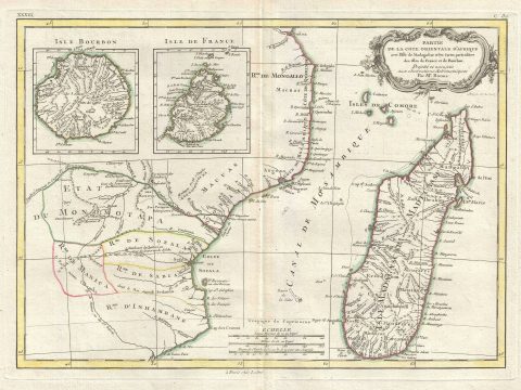 1778 Bonne Map of East Africa, Madagascar, Isle Bourbon, Mauritius (Mozambique)
