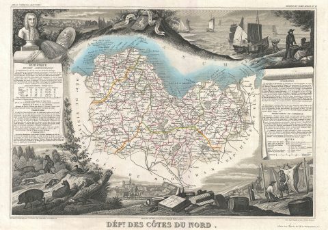 1852 Levasseur Map of the Department Cotes Du Nord, Brittany, France