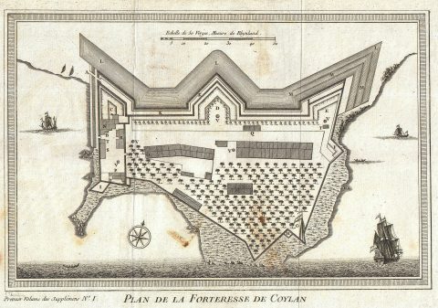 1756 Bellin Map of Kollam Fort, Kerala, India