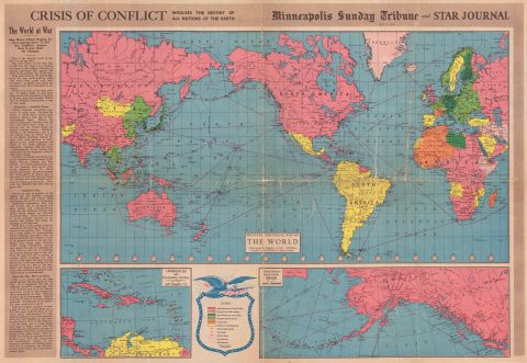 1942 Minneapols Tribune Map of the World at War During World War II