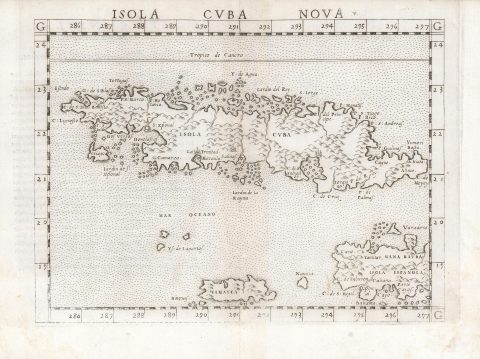 1561 Ruscelli Map of Cuba, Jamaica, the Caymans and Haiti