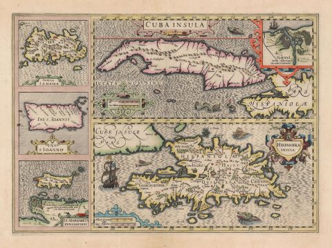 1606 Hondius Map of Cuba, Hispaniola, Jamaica, Puerto Rico, Margarita