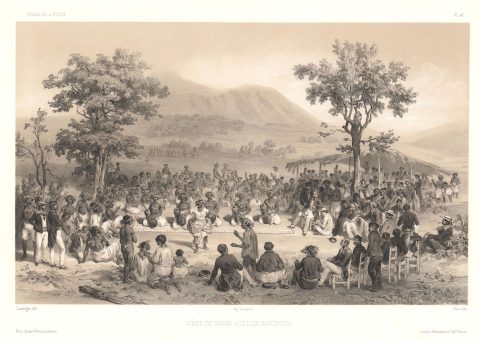 1845 Lauvergne Early View of a Lūʻau / Luau, Hawaiian Islands