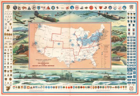 1941 Hammond Pictorial Map of United States Defense Mobilization Before WWII