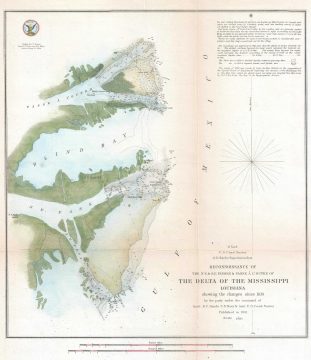 1851 U.S. Coast Survey Chart or Map of the Mississippi River Delta, Louisiana