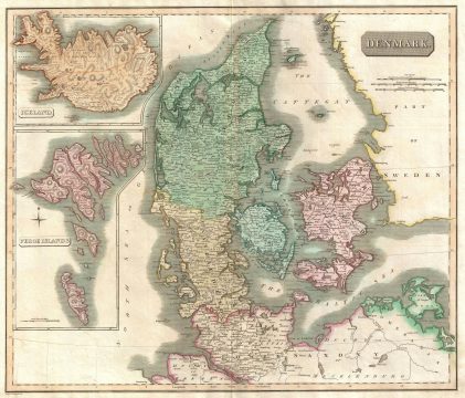 1814 Thomson Map of Denmark with insets of Iceland and the Faeroe Islands