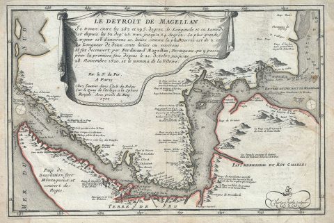 1700 De Fer Map of the Straits of Magellan, Chile, South America