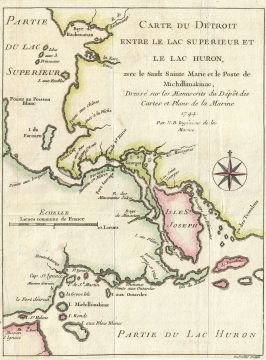 1744 Bellin Map of the Straits between Lake Huron, Lake Michigan, and Lake Superior (Great Lakes)