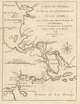 1744 Bellin Map of the Straits of  Great Lakes Huron, Michigan, and Superior