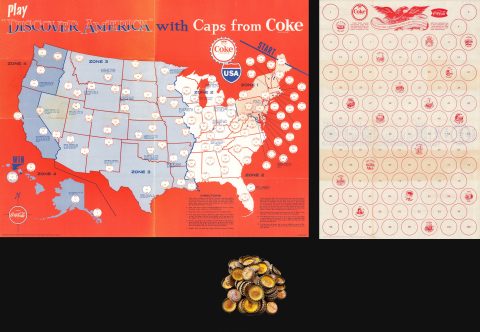 1962 Coca-Cola Game Map of the United States (With 102 Bottle Caps to Play the Game!)