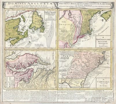 1737 Homann Heirs Map of New England, Georgia and Carolina, and Virginia and Maryland