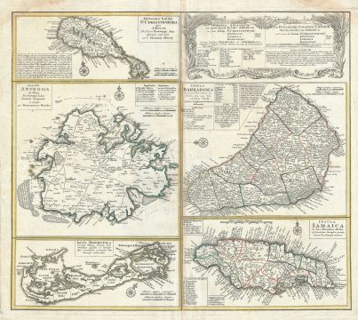 1740 Homann Heirs Map of Jamaica, Barbados, Bermuda, Antigua and Saint Kitts