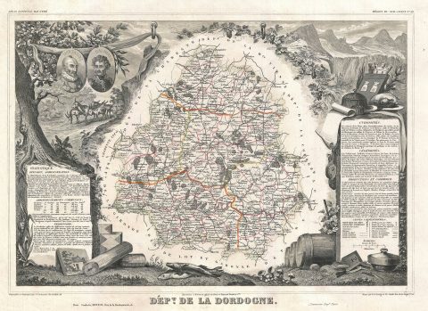 1852 Levasseur Map of the Department de La Dordogne, France (Monbazillac Wine Region)