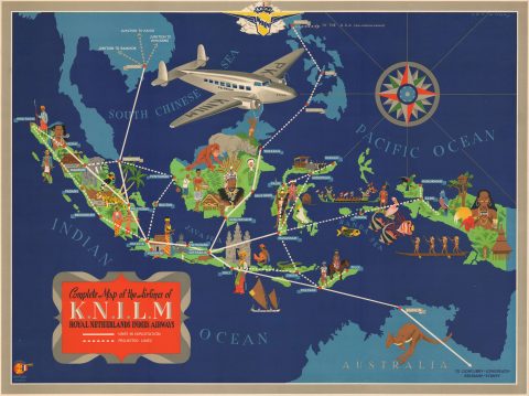 1935 Jan Wijga Pictorial Map of the East Indies KNILM Airlines Routes