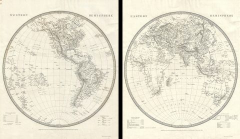 1841 S.D.U.K. Subscriber's Edition Map of the Western Hemisphere and Eastern Hemisphere - set of 2 m