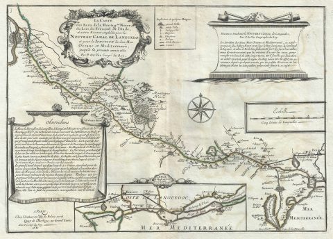1681 Du Val Map of The Canal du Mudi (Canal Royal en Languedoc), France