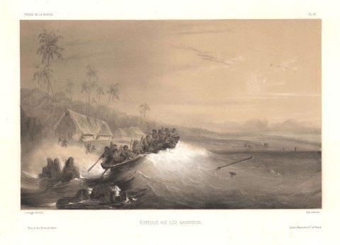 1845 Lauvergne View of Ships Stranding in the Hawaiian Islands