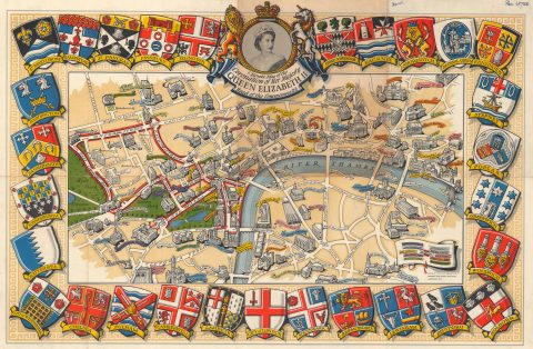 1953 Master Maps Pictorial Map of London: Coronation of Queen Elizabeth II