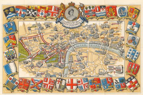 1953 Master Maps Pictorial Map of London: Coronation of Queen Elizabeth II