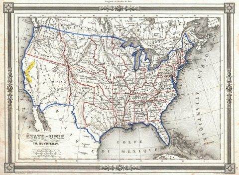 1852 Duvotenay Map of the United States (Gold Rush)