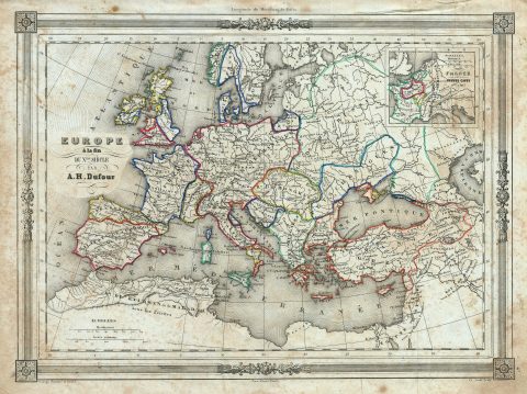 1852 Dufour Map of Europe at the end of the 10th Century