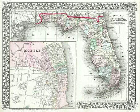 1874 Mitchell Map of Florida w- Mobile, Alabama inset