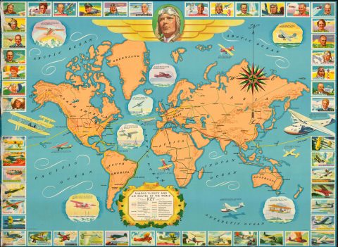 1937 Heinz Pictorial Map of the World Tracing Famous Flights and Airlines