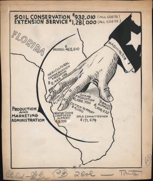 1952 Manuscript Political Cartoon Map of Florida and Dept. of Agriculture Spending