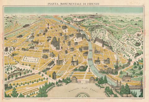 1910 Birga 'Monumental' Pictorial Map of Florence / Firenze, Tuscany, Italy