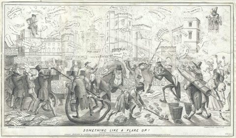 1834 Political Caricature of Men Trying to Quell the Flames of House of Commons