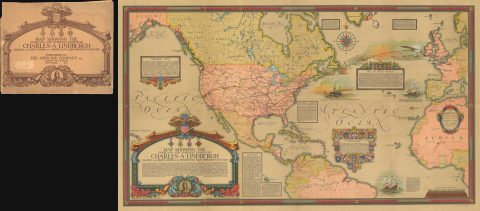 1928 Clegg Pictorial Map of the World Tracing the Flights of Charles Lindbergh