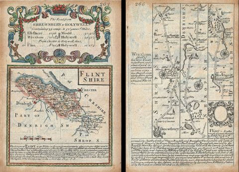 1736 Owen and Bowen Map of Flintshire w/ Map: Shrewsbury to Holywell on Verso
