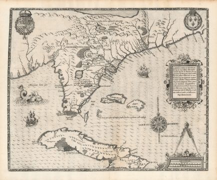 1591 De Bry and Le Moyne Map of Florida and Cuba