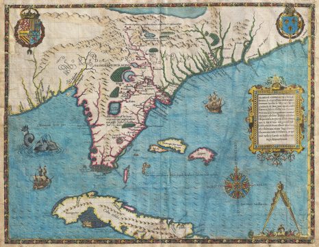1591 De Bry and Le Moyne Map of Florida and Cuba
