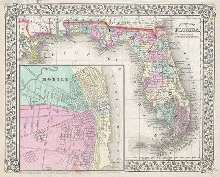 1867 Mitchell Map of Florida (w/ Mobile, Alabama inset)