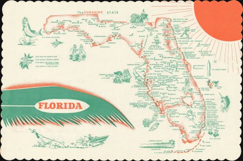 1973 Tom Sawyer Diner Pictorial Placemat Map of Florida