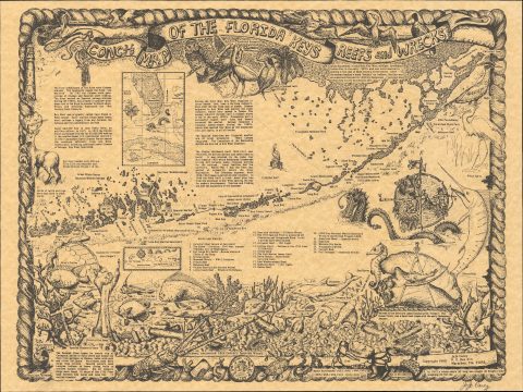 1990 JoJo Carey SIGNED Pictorial Treasure Map of the Florida Keys - with wrecks!