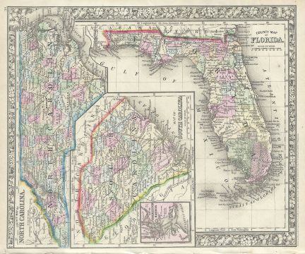 1866 Mitchell Map of North Carolina, South Carolina and Florida