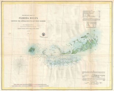 1857 U.S. Coast Survey Chart or Map of Approaches to Key West Harbor, Florida