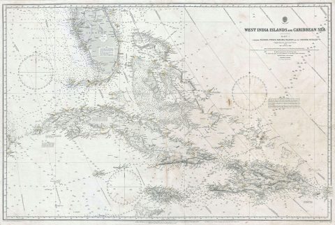 1913 British Admiralty Chart of Florida, the Bahamas, Cuba and Hispaniola