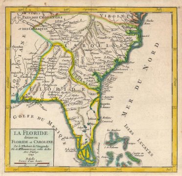 1749 Vaugondy Map of Florida, Georgia, and Carolina