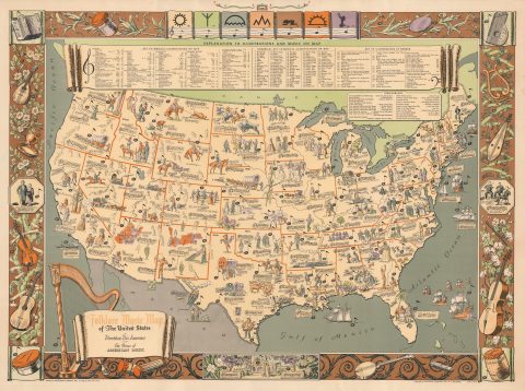 1946 Dix Lawrence Pictorial Folklore Music Map of the United States